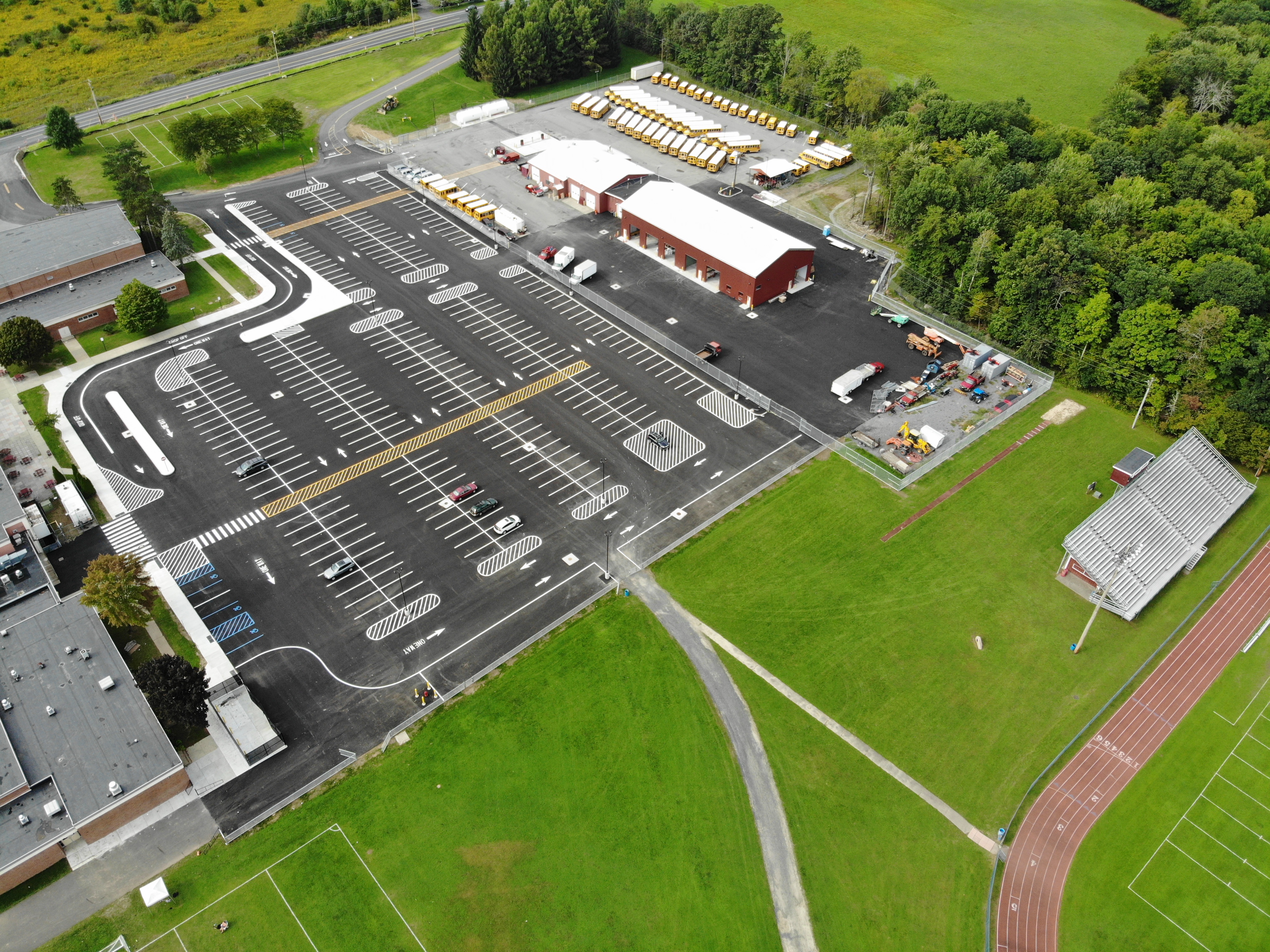 An Aerial photo of the New Paltz HS parking lot
